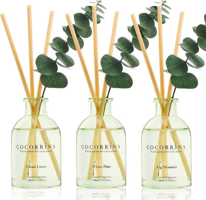 COCORRÍNA Eucalyptus Reed Diffuser Set of 3 - Clean Linen, White Pine, Fig Blossom Scents, 1.7 fl oz Each, Total 5.1 oz, Scented Oil Diffusers for Home & Office
