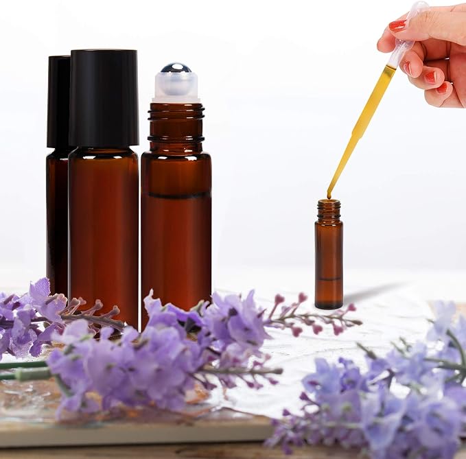 ULG Roll on Bottles 10ml Amber Glass Empty Bottles 8 Piece with Stainless Steel Roller Ball 2 Extra Balls 8 Piece Waterproof Labels 1 Opener and 3ml Dropper for Essential Oils