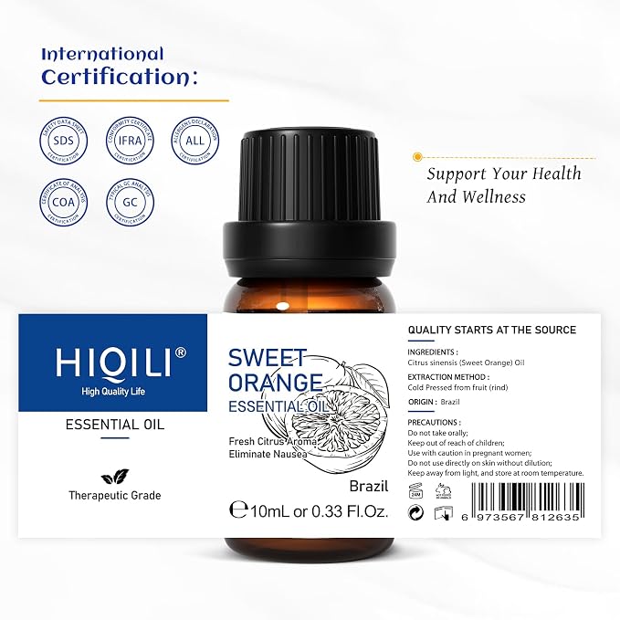 HIQILI Sweet Orange Essential Oil 10mL (0.33fl oz) | Uplifting Aroma for Diffuser, Aromatherapy, Freshen Air, Skin Care, Home Cleaning, Home Fragrance, DIY Candle Soap Making