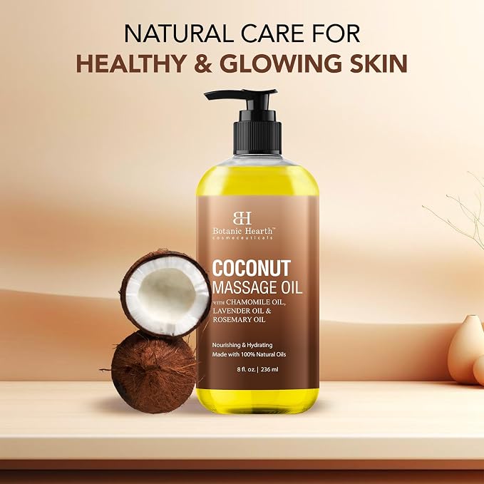 Botanic Hearth Coconut Massage Oil 8 Fl oz | Refreshing, Relaxing Massage Oils for Muscle Relaxing & Joint Comfort | Made with Natural Oils | for All Skin Types, for Men & Women