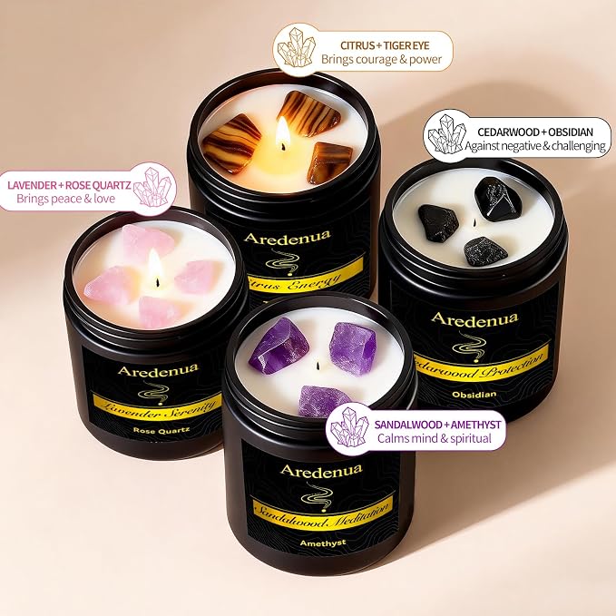 Scented Candles Set, 4 Pack Crystal Healing Candles with Rose Quartz Amethyst Tiger Eye Obsidian, 7oz Natural Soy Wax Candles, Lavender Citrus Sandalwood Cedar, Meditation Gifts for Women Men
