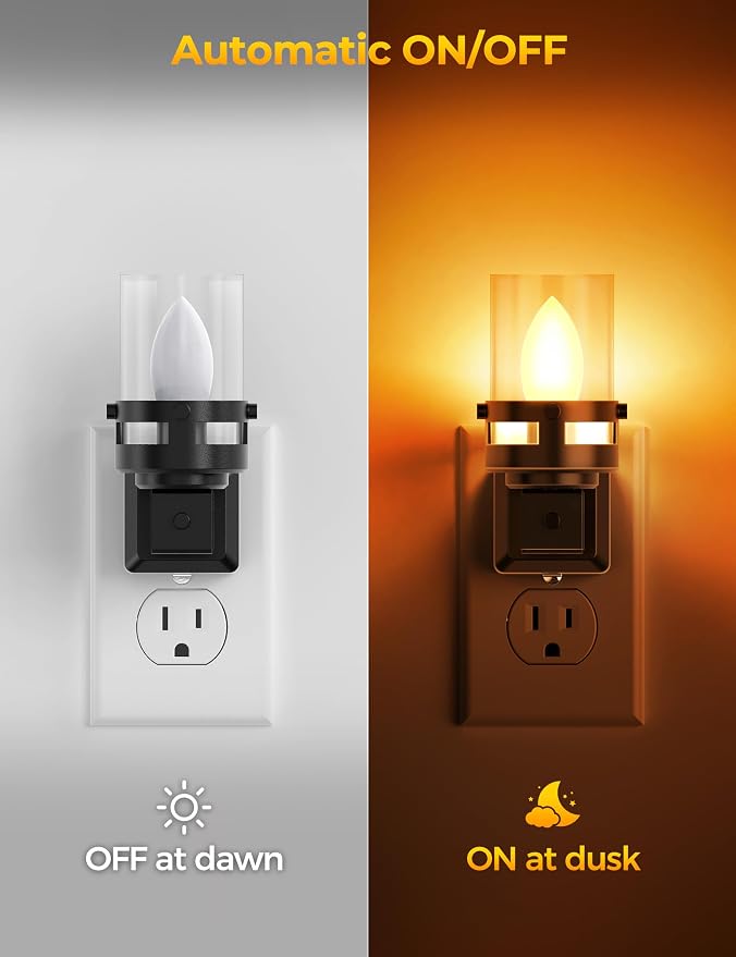 Briignite Candle Night Light Plug in [2 Pack], Amber Night Lights Plug into Wall, LED Night Light with Dusk to Dawn Light Sensor, 1800K Amber Candle Nightlight for Kids Hallway Bathroom Bedroom