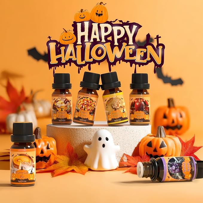ARVIDSSON Halloween Fragrance Oils Set, Fall Essential Oils for Diffuser - Pumpkin Pie, Spiced Cider, Caramel Apple, Candy Corn, Snickerdoodle, Spooky Spices, Autumn Scented Oil
