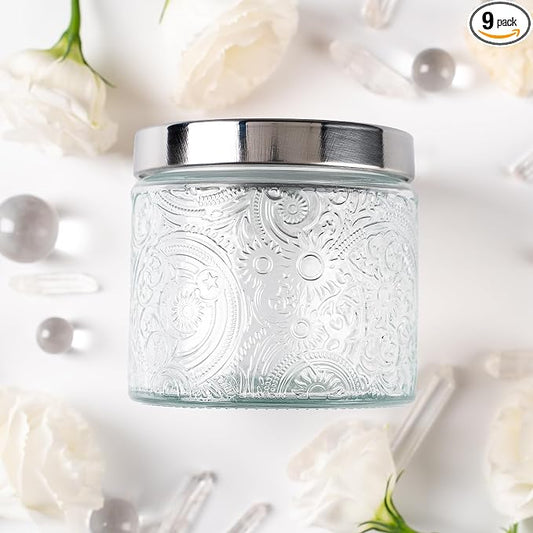 10 oz Clear Sun Moon Stars Candle Jars with Metal Lids, 9 Pack | Patented Embossed Design, Includes Wick Centering Devices & Warning Labels, Multiple Color Options