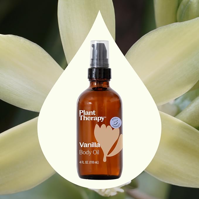 Plant Therapy Vanilla Body Oil 4 oz Sweet & Soothing Vanilla Scent, Locks in Moisture for Supple, Radiant Looking Skin, Promotes Skin Elasticity