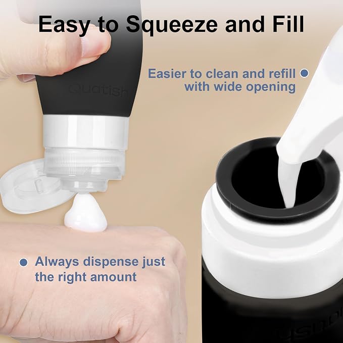 Quatish 15 Pack Travel Bottles for Toiletries, Original Patented, TSA Approved Travel Size Containers, Leak Proof Silicone Shampoo and Conditioner Bottles Women & Men, Airplane Essentials, Black