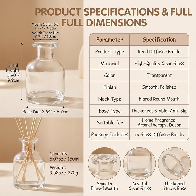 1 Pack 150ml 5 fl oz Clear Glass Diffuser Bottle Empty Refillable Aromatherapy Container for Essential Oils Fragrance Home Scent