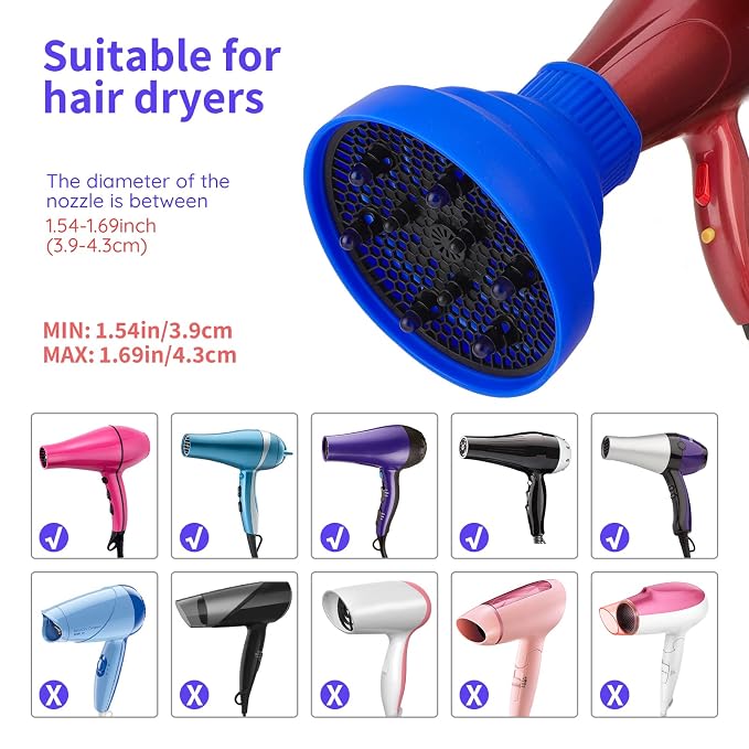 Foldable Blow Dryer Diffuser, Segbeauty Travel Hair-styling Hair Diffuser, Professional Dryer Diffuser Attachment for Natural Thick Curly Hair with Nozzle 1.54 to 1.69 inches - Blue