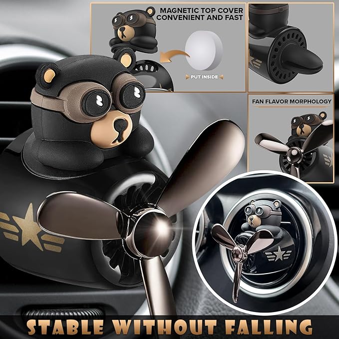 Car Vent Clips - Bear Pilot Car Air Freshener Vent Clip with Rotating Propeller, Durable and Easy to Install, 2.1"x2.5"x2.4" Versatile Size, 2 Aroma Tablets Included, Adds a Playful Touch to Interior