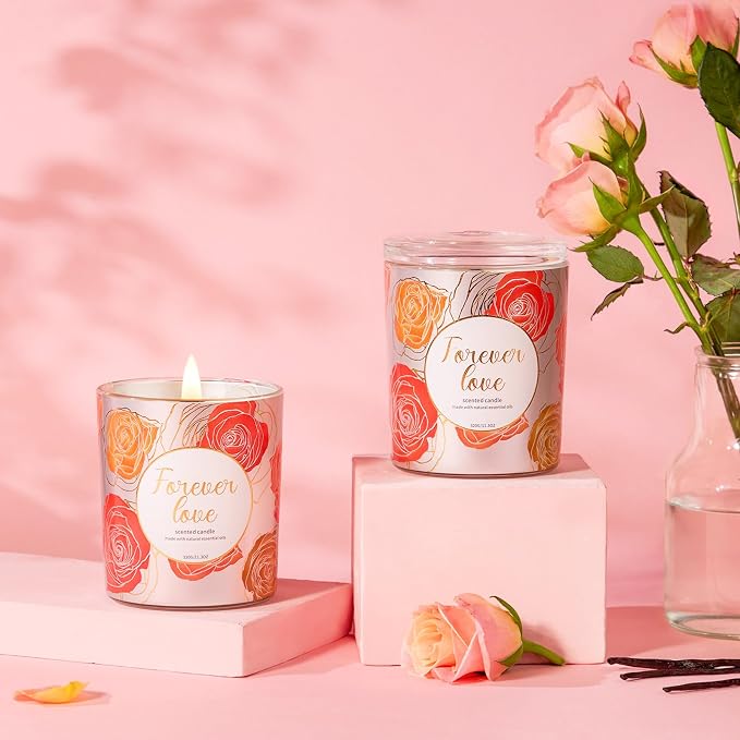 2 Pack Wood Wick Soy Wax Candle Gift Set for Women, Rose & Peony and Vanilla Amber, 11.3 Oz Each, Individually Boxed
