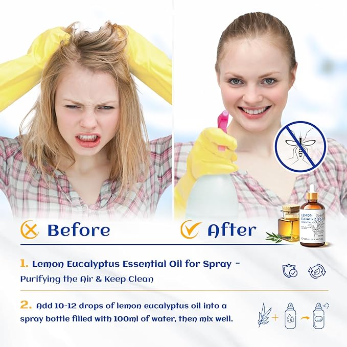 HIQILI Lemon Eucalyptus Oil, for Spary, Diffuser, Indoors, Outdoors, Garden, Yard - 3.38 Fl Oz