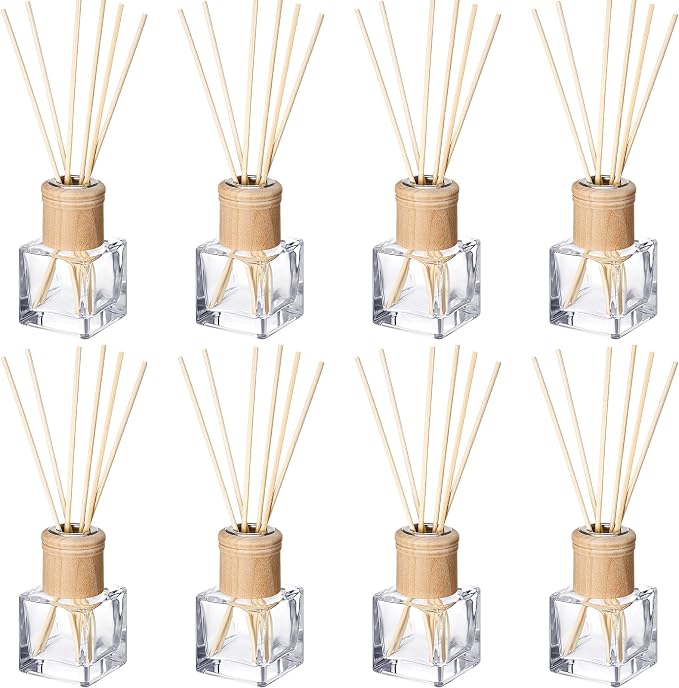 Roshtia 8 Set Reed Diffuser Bottle Empty Refillable Fragrance Glass Diffuser Bottles with Wooden Caps Rattan Sticks 50ml 1.7 oz Glass Jars for DIY Fragrance