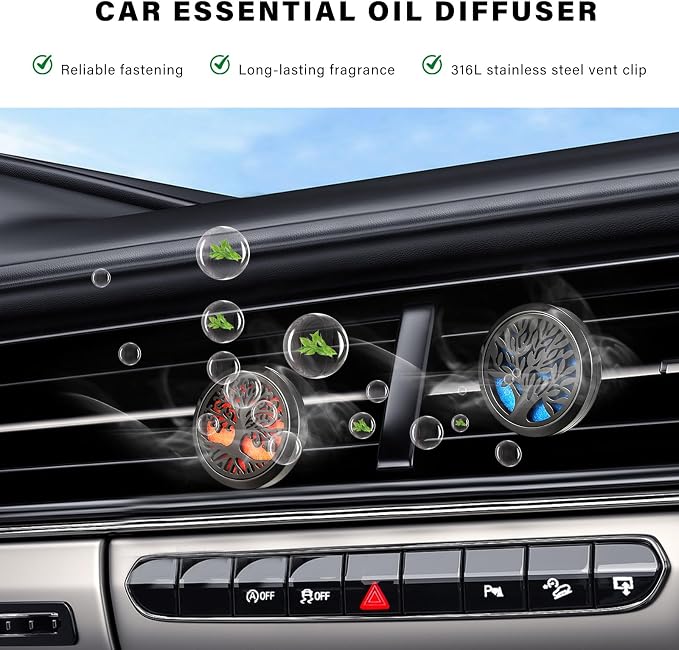 2 PCS 30mm Car Diffuser Vent Clips, Tree of Life Aromatherapy Essential Oil Diffuser Car Clip with 12 Felt Pads, Removable Stainless Steel Air Freshener Lockets for Women Men (Black)