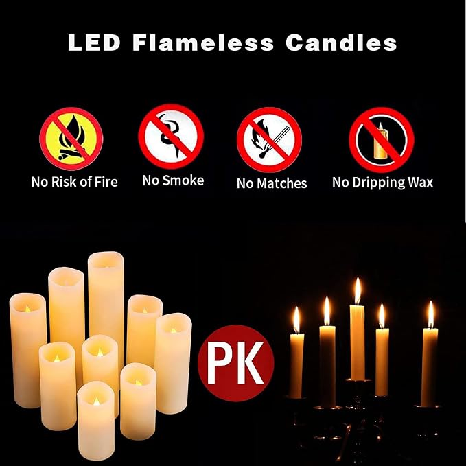 OSHINE Flameless Battery Operated Candle, LED - Set of 9 Flickering Pillar with 10-Key Remote & 24 Hours Timer, Ivory Real Wax Candles for Home Decor
