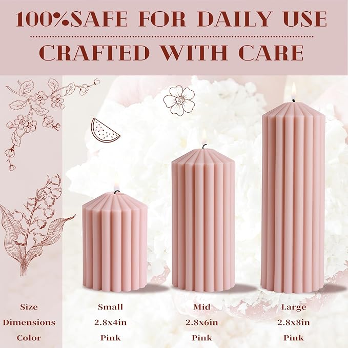 Pink Ribbed Pillar Candle Set of 3 - Wild Bluebell Scented Soy Wax Candle,Aesthetic Decorative Textured Pillar for Home Decor-2.8x4,6,8in Long Lasting Fragrance for Mother’s Day Gifts,Spa,Wedding