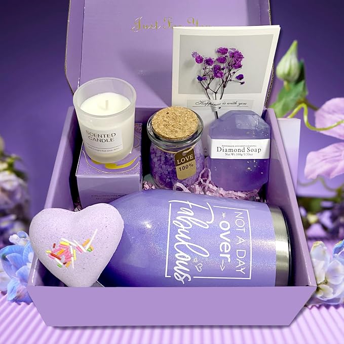 Lavender Spa Gift Basket, 7PCS Self Care Set for Women, Luxury Purple Gift Box with Tumbler, Scented Candle, Bath Salt, Bath Bomb, Soap & Greeting Card, Perfect Birthday Valentines Gifts