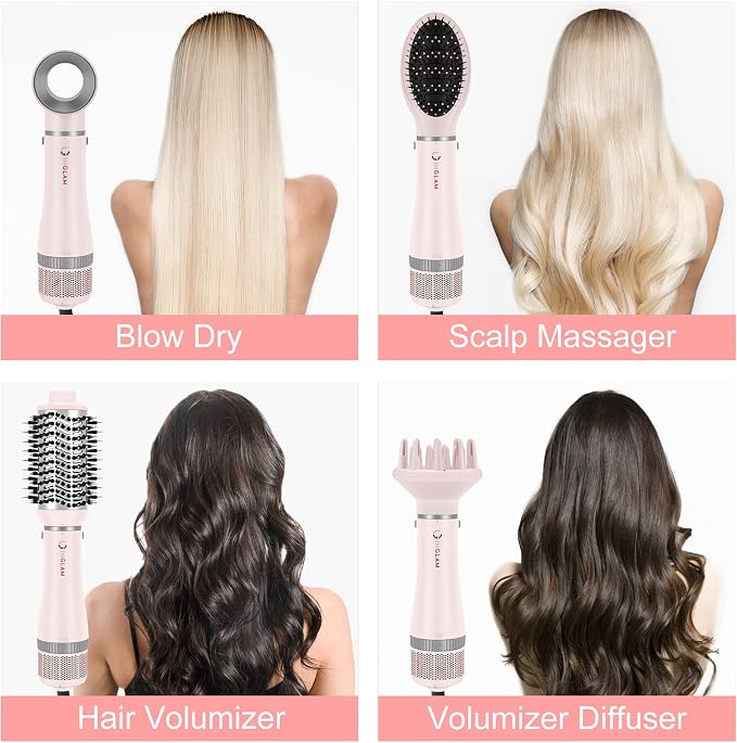 IG INGLAM 4 in 1 Blowout Hair Dryer Brush Set - Negative Ion Detachable Hair Dryer, Volumizer Styler with 2 Brush Heads, Pink