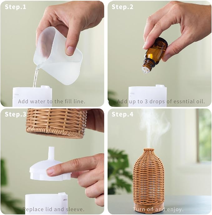 VICTORIA AROMA Essential Oil Diffuser - Multifunction Aromatherapy Diffuser 7 LED Color Changing Light 100ML Rattan Diffuser Easy to Clean Suitable for Home,Office (Tan)