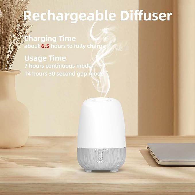 SEEDSEEL 150ML Rechargeable Battery Operated Essential Oil Diffuser, Portable Cordless Aromatherapy Diffuser,7-Hour Runtime with 7 LED Color Changing Lights for Home, Office, Bathroom, Travel