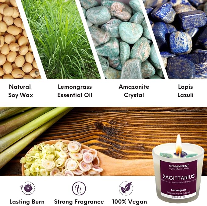 Sagittarius Zodiac Candle Gifts for Women with Sagittarius Bracelet Lemongrass Crystal Candle for Manifestation Birthday Birthstone Spiritual Thoughtful Gifts