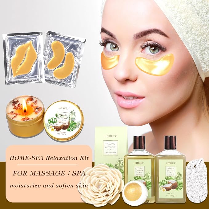 20Pcs Coconut Vanilla Spa Gift Basket for Women & Men, Face Skin Care Set, Bath & Body Set, Self Care Pamper Kit, Comb, Bath Bomb, Birthday, Christmas, Valentines, Mother Day, Anniversary