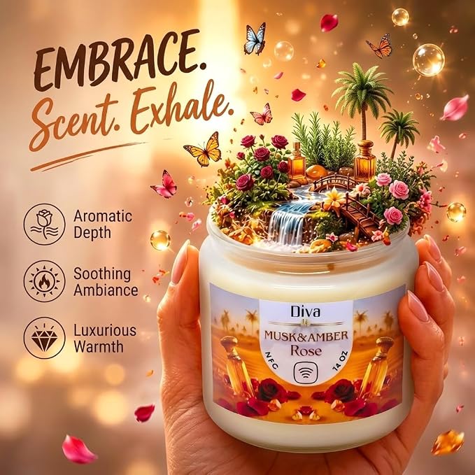 DV DIVA Scented Candle Gift 14oz Rose Amber & Musk - Anniversary, Valentine & Birthday Gift - Luxury Large Soy Wax Candle with Hidden NFC Love Message - Soft Fragrance Home Decor & Relaxing Ambiance