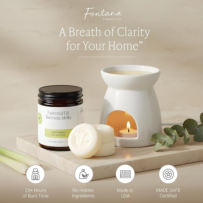 Fontana Candle Co. Non-Toxic Wax Melts, Lemon Grass Eucalyptus – Flameless, Gentle-Scented Wax Melts Safe for Sensitive Users – Made with Beeswax, Coconut & Pure Essential Oil, 3 Pucks for Any Warmers