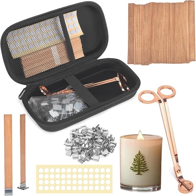 Wood Wicks for Candles Making with Case, Wooden Wicks for Candlemaking 5.1 X 0.5 Inch Smokeless Long Lasting Flame Natural Wood Candle Wick with Candle Wick Trimmer, Metal Base for DIY Candle(50 Sets)