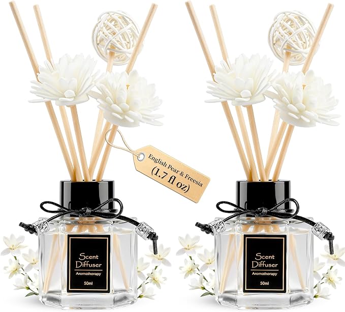 TonJin 2PCS English Pear & Freesia Reed Diffuser Set 1.7 fl oz, Fruity Floral Home Scent with 6 Scent Sticks, Natural Non-Toxic Essential Oil Sticks Air Freshener for Bathroom & Living Room