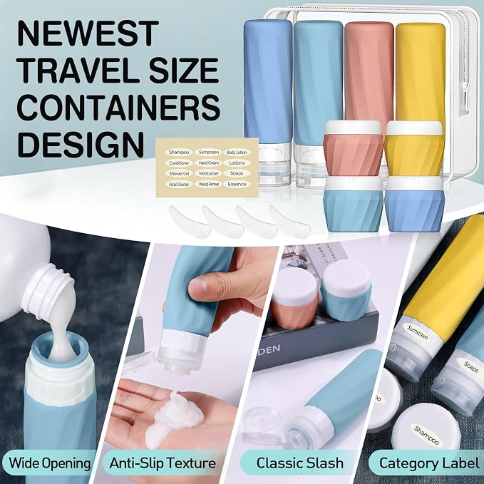 Silevoler 14pack Travel Bottles for Toiletries, TSA Approved Travel Size Toiletries Containers Set, Premium Silicone Leak Proof Refillable Bottles & Creams Jars Accessories Kit W/Clear Bag (Bright)