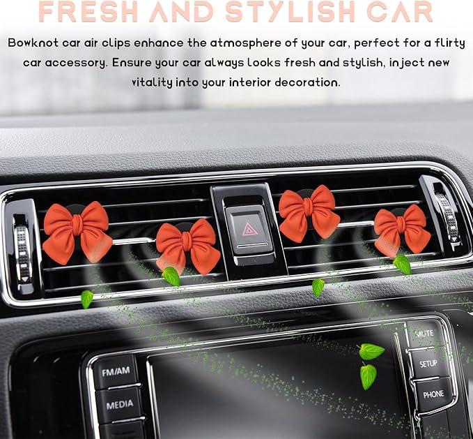 KVAEY 9 PCS Pink Bow Car Air Freshener, Automotive Cute Pink Bow Air Outlet Clips with Scent Pieces, Universal Coquette Car Air Vent Diffuser for Women and Girls (Orange)