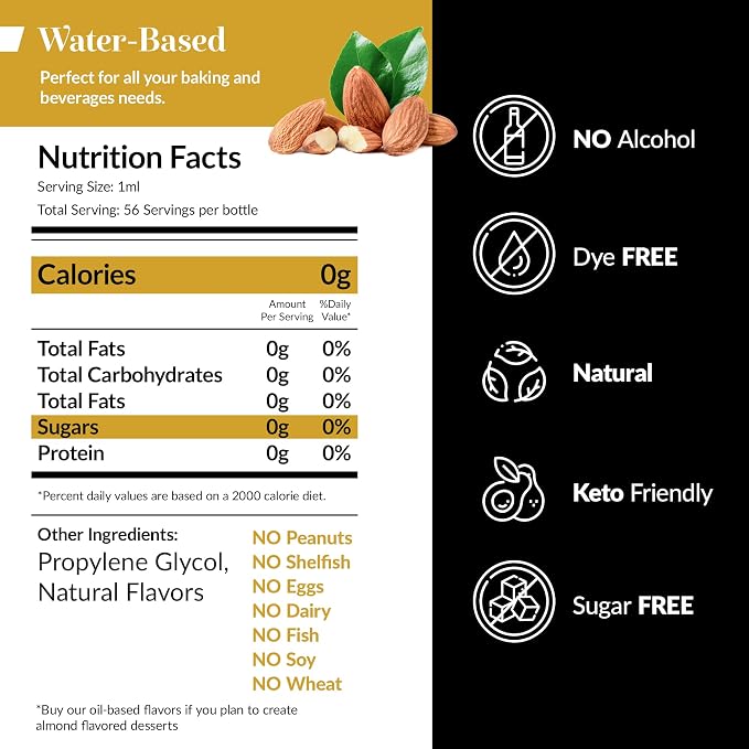 Dolce Flav Natural Almond Extract – 1 Gallon Water-Soluble Kosher, Sugar-Free, Concentrated Pure Almond Flavoring for Baking, Pastries & Beverages