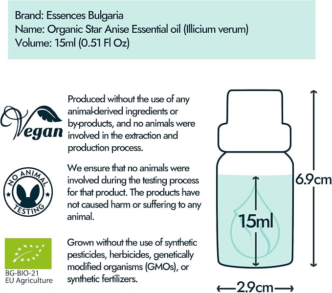 Essences Bulgaria Organic Star Anise Essential Oil 0.51 Fl Oz | 15ml | Illicium verum | 100% Pure | Natural | Undiluted | Therapeutic Grade | Aromatherapy | Cosmetics | Cruelty Free | Non-GMO | Vegan