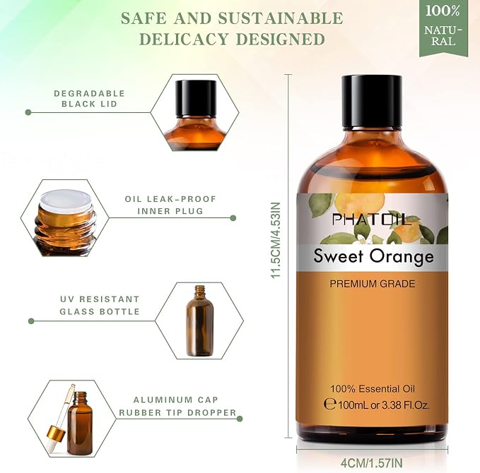 Sweet Orange Essential Oil, 3.38Fl.Oz PHATOIL Pure Essential Oil Singles for Aromatherapy Diffusers, Humidifiers, Great for DIY Candle and Soap Making, Gift for Friend