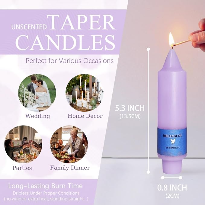 Smokeless Candlesticks Short Taper Candle,Unscented 5 Inches Purple Candle Sticks Dripless Tapered Candles for Home Décor Weddings Seasons Gifts