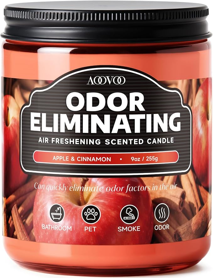 AOOVOO Apple Cinnamon Odor Eliminating Highly Fragranced Candle - Eliminates 95% of Pet, Smoke, Food, and Other Smells Quickly, Non Toxic Air Freshing Soy Candle, 9 oz Up to 50 Hours Burn time