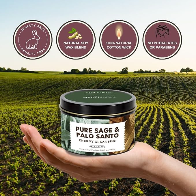 Premium Candle for Energy Cleansing – Natural Soy Wax Blend, Cotton Wick, Phthalate Free Scent, Scented Candles for Home Smudging, House Spiritual Protection, 6oz (Pure Sage & Palo Santo)