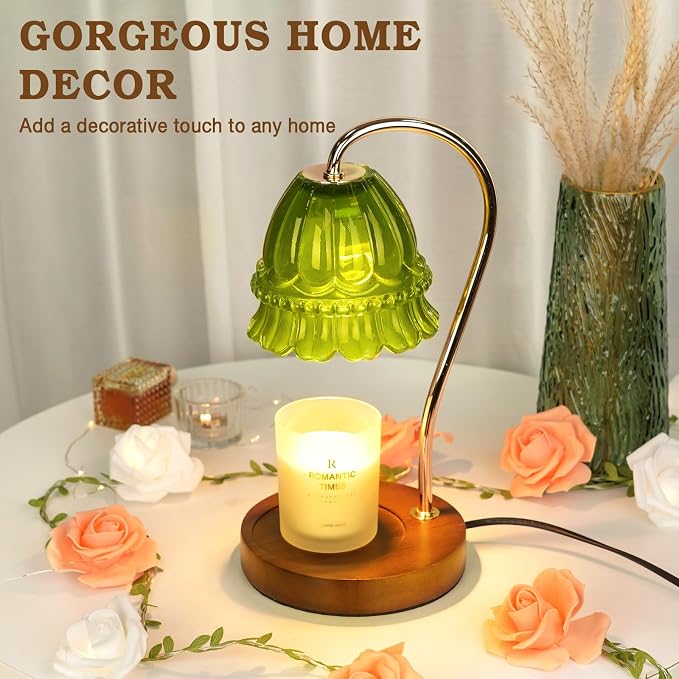 Funistree Flower Candle Warmer Lamp with Timer, Dimmable Candle Lamp Warmer, Christmas Birthday Gifts for Women Mom Her, Housewarming Home Decor, Lotus Wax Warmer for Yankee - Green Flower 10 Inch