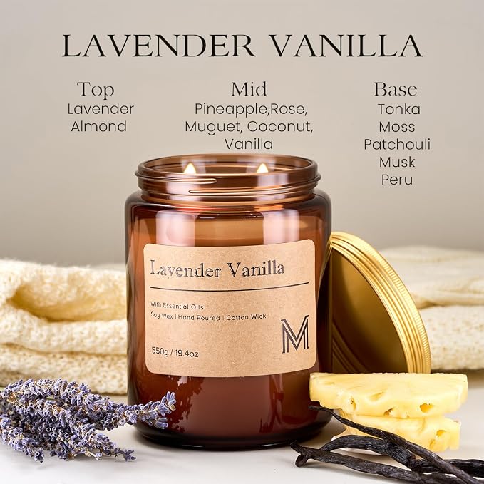 M&SENSE Lavender Vanilla Scented Large Candle, 19.4oz Aromatherapy Candle for Home Fragrance, Natural Organic Soy Wax Long-Lasting for Stress Relief, Yoga, Gifting for Birthday, Housewarming