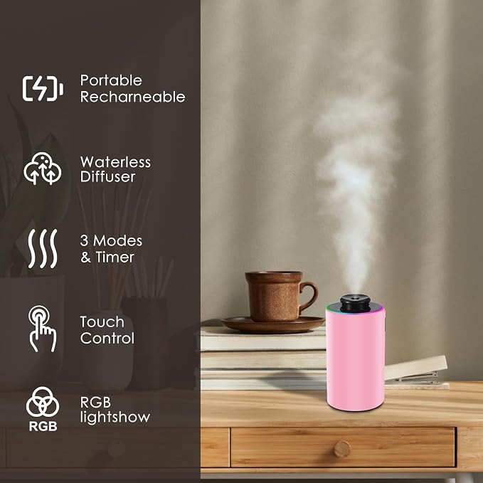 Waterless Essential Oil Diffuser with 8 Color LED Night Light, 3 Mist Levels & Timers, Portable Rechargeable Aromatherapy Diffuser for Home Car Room Studio Office, Metal (Pink)