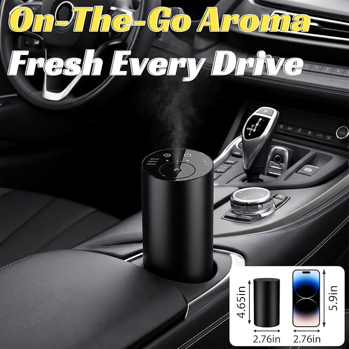 Homease Waterless Essential Oil Diffuser, Portable Cordless Aromatherapy with 3 Timers & Mist Levels, Rechargeable for Home Car Office, Premium Metal Black