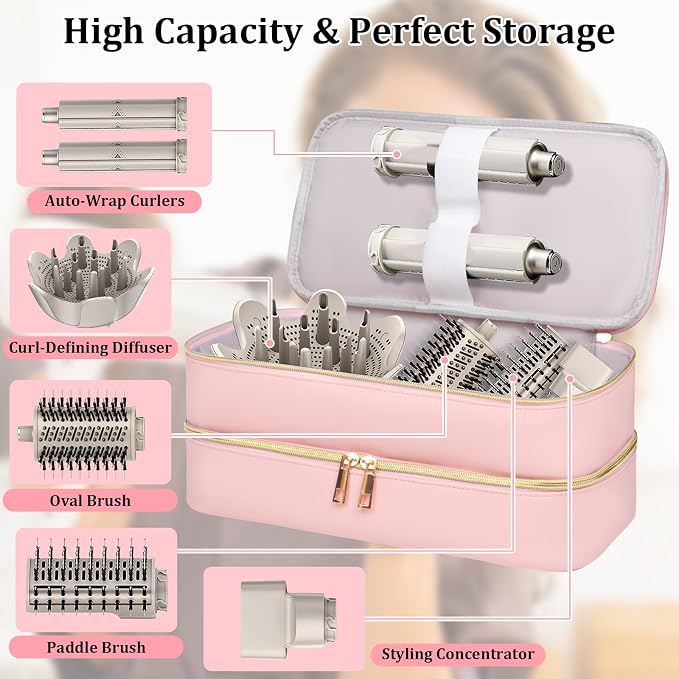 Travel Carrying Case for Shark Flex Style, Double Layer Storage Case for Shark SpeedStyle Hair Dryer Attachments, Waterproof PU Leather Organizer Bag for Shark Flexstyle Airwrap Styler (Pink)