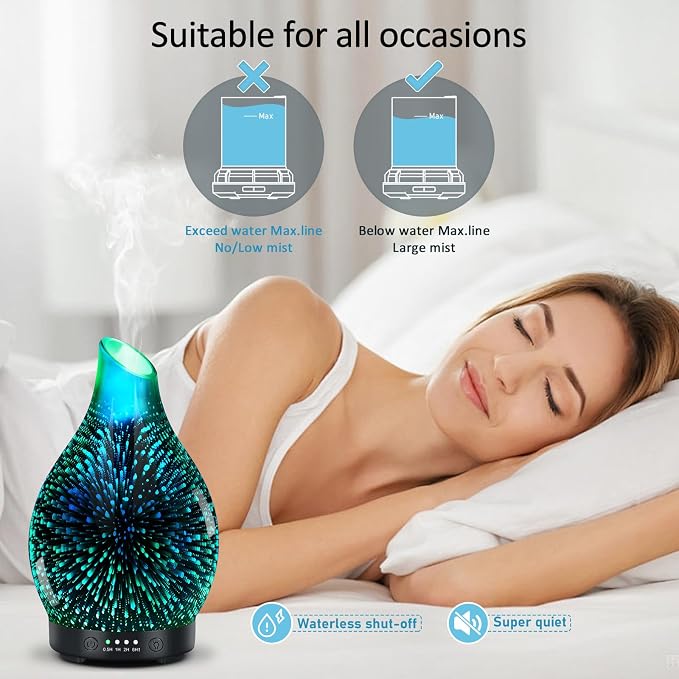 Essential Oil Diffuser 150ML -3D Firework Glass Aromatherapy Diffusers for Essential Oils with 4 Timer Setting Auto Shut-Off Silent Operation 7 Colors Lights Changing, Mothers Day for Room, Office