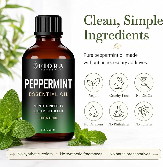Peppermint Oil by Fiora Naturals – 100% Pure Peppermint Essential Oil, Mentha Piperita Mint Oil for Aromatherapy Diffuser, Skin, Hair, Scalp, DIY Soap & Candle Making, Aceite de Menta
