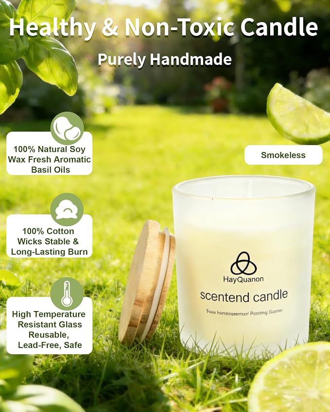 Lime & Basil Scented Non Toxic Candles for Home, Natural Soy Wax Aromatherapy Candle Gifts for Women Men, Meditation, Aromatherapy, Fresh Home Decor, Odor Eliminating Citrus for Kitchen
