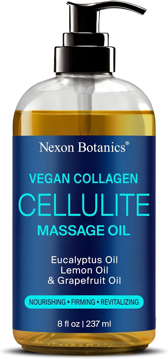 Anti-Cellulite Massage Oil for Massage Therapy 8 fl oz - Refreshing and Relaxing - Natural Oils with Vegan Collagen and Stem Cells - for Men and Women - Nexon Botanics