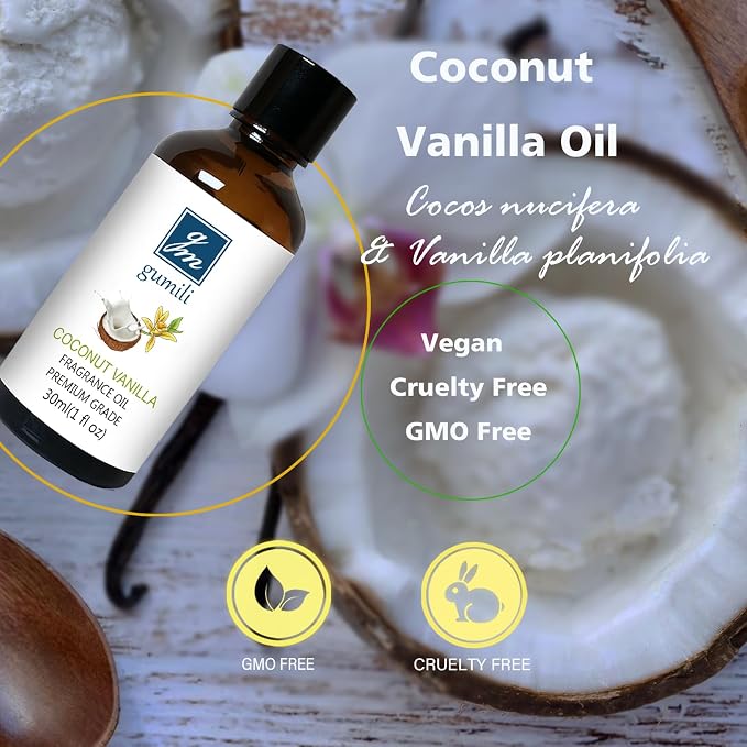 GM Gumili Coconut Vanilla Fragrance Oil, Perfume Oil, Home Scent Oils for Soaps, Candle Making, Dryer Balls, Diffusers, Laundry, Slime -1 oz /30ml