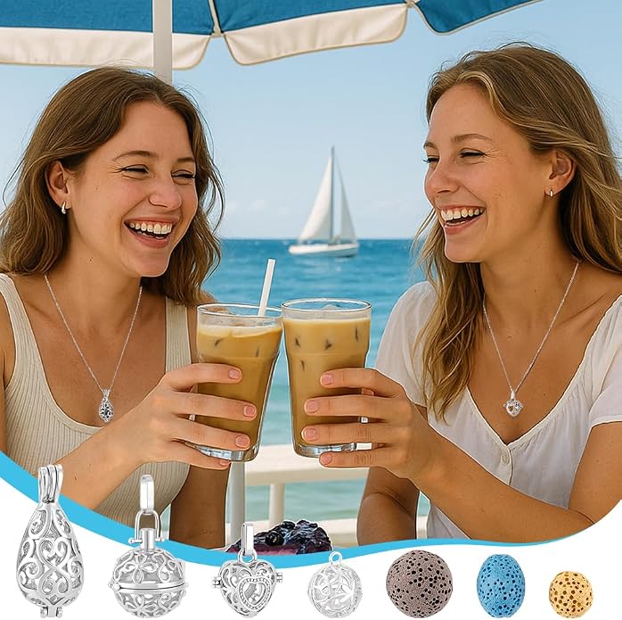 PH PandaHall 4pcs Essential Oil Diffuser Necklace Aromatherapy Locket Pendant With Stainless Steel Necklace And 26 Pieces Refill Lava Rock Round Beads for Women Jewelry Accessory Birthday Gift