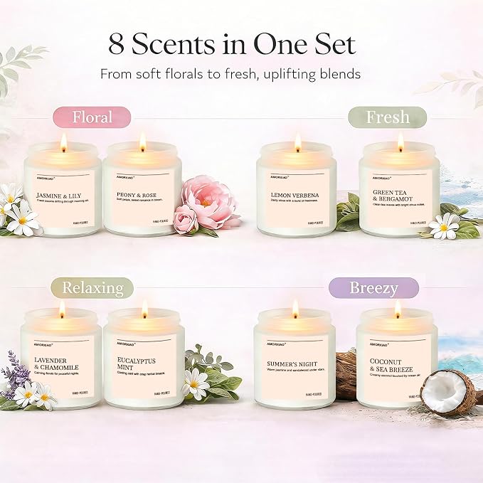 Scented Candles Gift Set, 8 Pack Soy Wax Candles for Women, Fresh Floral Summer Aromatherapy Scents for Home, Birthday, Thank You, Housewarming Gifts