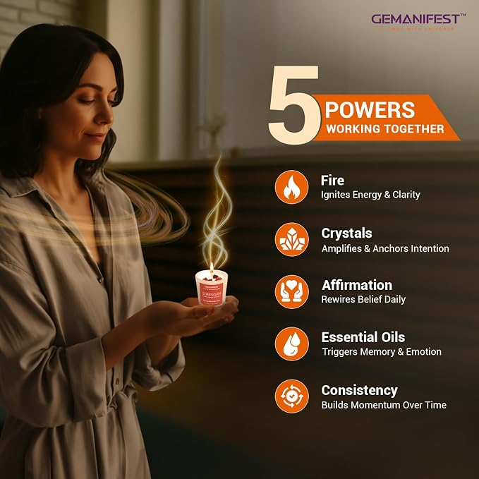 Strength and Stability Manifestation Crystal Candle, Orange Blossom Scented Soy Candle for Workout Enthusiasts, Valentine's Gift for Her/Him, Wellness, Inspirational and Motivational